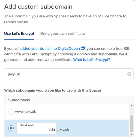 add new subdomain certificate digitalocean