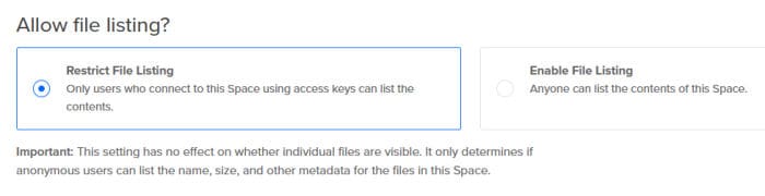 digitalocean spaces allow container file listing
